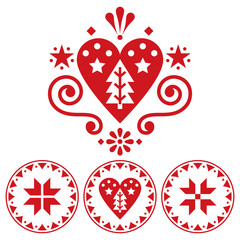 Christmas Scandinavian folk art vector design  - single patterns collection with hearts, flowers, snowflakes and Christmas trees
