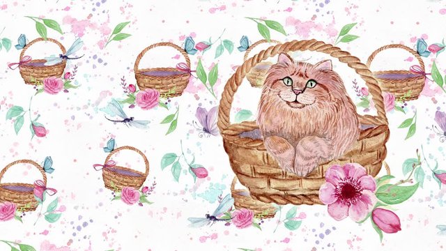 Abstract background with hand drawn watercolor cats and flowers. Seamless looping 4K footage.	
