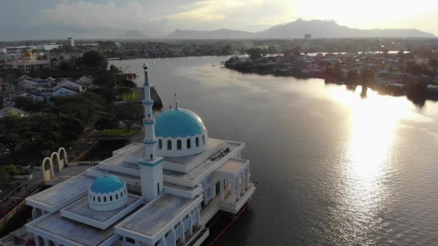 Aerial view of the beautiful floating mosque of Kuching  or also known as masjid india during sunset