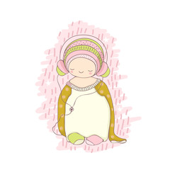 Smiling child in the headphones listening music. Pink, green colors. Doodle style, funny cartoon character. Vector illustration.