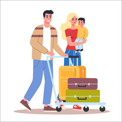 Vector illustration set of tourist with laggage and handbag.