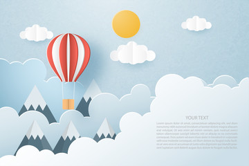 Love to travel banner, poster, invitation card concept. Origami made hot air balloon flying on clouds and sky background and space. Vector illustration paper cut style.