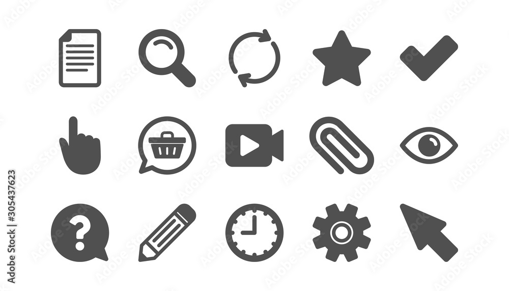 Poster document, time and question mark icons. search, video camera and check mark. classic icon set. quali