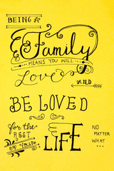 Family quote wording calligraphy isolated on color paper. Design Concept.