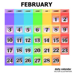Colorful calendar for February 2020 in english. Set of buttons with calendar dates for the month of February. For planning important days. Banners for holidays and special days. Vector Illustration.