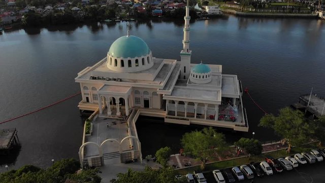 Aerial view of the beautiful floating mosque of Kuching  or also known as masjid india during sunset