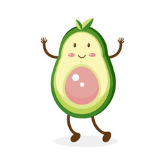 Funny happy smiling avocado. Vector flat. Isolated on white background. The concept of a healthy lifestyle. Cute exotic fruit. Kawaii cartoon character.