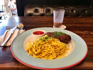 spaghetti with beef cutlet tomato sauce