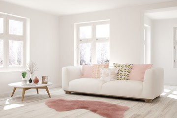 Stylish room in white color with sofa and winter landscape in window. Scandinavian interior design. 3D illustration