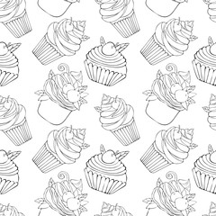 Seamless pattern of dessert in vector. Background of cake hand drawn. Illustration of sweet pastries for Valentine's day, birthday. Black line art on a white background.