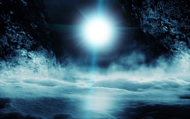 Background of dark night winter forest. Moonlight on a background of mountains