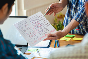 The web designer team is helping to design applications for mobile phones. UX UI designer concept