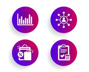 Networking, Shopping bags and Bar diagram icons simple set. Halftone dots button. Accounting checklist sign. Business communication, Sale discount, Statistics infochart. Calculator. Vector