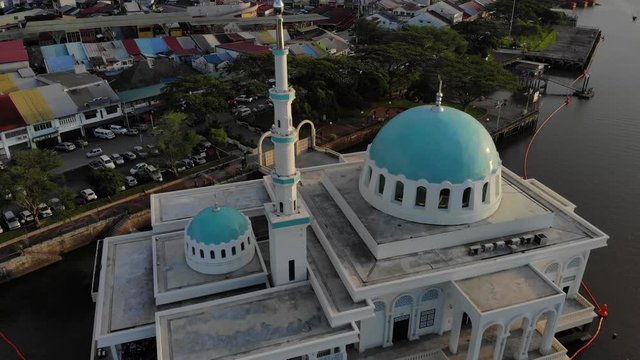 Aerial view of the beautiful floating mosque of Kuching  or also known as masjid india during sunset