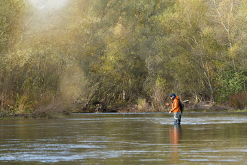 fly fisherman in river in autumn