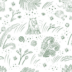 Vector seamless pattern with cute funny fantasy cartoon creatures and plants.