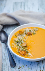 Homemade Butternut Soup in a white Bowl