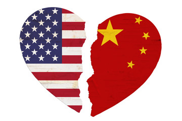American and Chinese flags in a broken heart