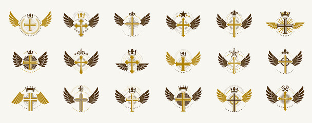 Crosses secrets emblems vector emblems big set, Christian religion heraldic design elements collection, classic style heraldry symbols, antique designs.