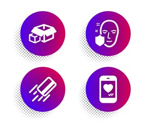 Packing boxes, Face protection and Credit card icons simple set. Halftone dots button. Love chat sign. Delivery package, Secure access, Bank payment. Smartphone. Business set. Vector