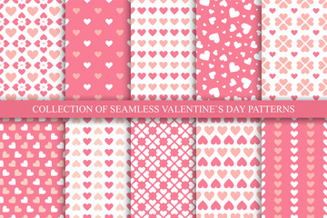 Collection of seamless geometric patterns with hearts in pink colors. Cute backgrounds for Valentines day