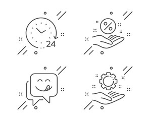 Loan percent, 24 hours and Yummy smile line icons set. Employee hand sign. Discount hand, Time, Emoticon. Work gear. Technology set. Line loan percent outline icon. Vector