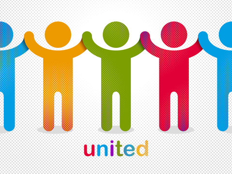 Worldwide people global society concept, different races solidarity, we stand as one, togetherness and friendship allegory, world unity cooperation, vector illustration logo or icon.