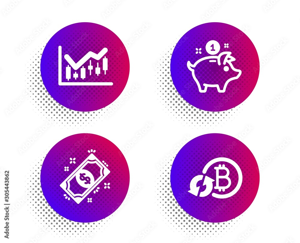 Aufkleber saving money, financial diagram and payment icons simple set. halftone dots button. refresh bitcoin 