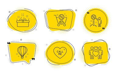 Discount, Air balloon and Love couple signs. Chat bubbles. Present box, Shopping cart and Call me line icons set. Sale offer, Discount, Love sweetheart. Sale shopping. Holidays set. Vector