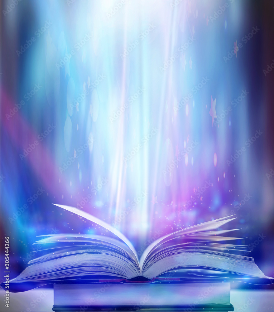 Aufkleber imagine a picture book of an ancient book opened on a wooden table with a sparkling golden backgroun