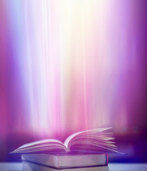 Imagine a picture book of an ancient book opened on a wooden table with a sparkling golden...