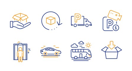 Car, Elevator and Truck parking line icons set. Return package, Bus travel and Hold box signs. Parking security, Get box symbols. Transport, Lift. Transportation set. Line car icon. Vector