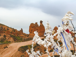 The branches of a wish tree on a background of rock in the shape of a camel. Turkish Cappadocia