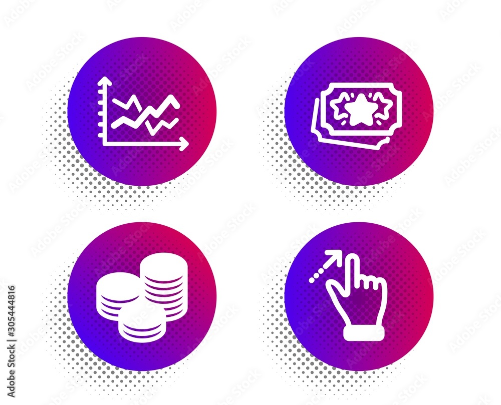 Poster loyalty points, diagram chart and tips icons simple set. halftone dots button. touchscreen gesture s