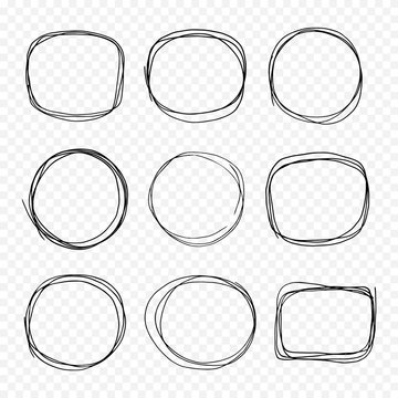 Hand drawn doodle scetch. Circle vector round set, scribble line collection. Circles Frame for message. Pencil or pen vector illustration isolated on transparent background.