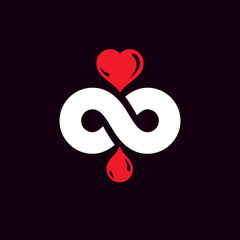 Vector illustration of heart shape, drops of blood and symbol of limitless. Healthcare and medical treatment conceptual logo for use in medical care advertisement.