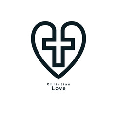 True Christian Love and Belief in God, vector creative symbol design, combined Christian Cross and heart, vector logo or sign.