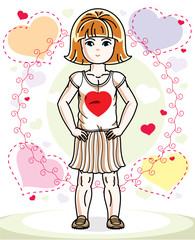 Beautiful happy little red-haired girl in stylish casual clothes posing on colorful backdrop with romantic hearts. Vector illustration of attractive kid.