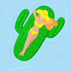 vector illustration of a bright girl resting on an air mattress at sea