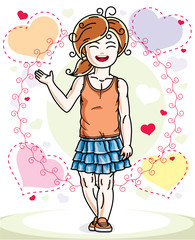 Beautiful little red-haired girl posing on colorful backdrop with romantic hearts. Vector kid illustration.