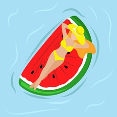 vector illustration of a bright girl resting on an air mattress at sea