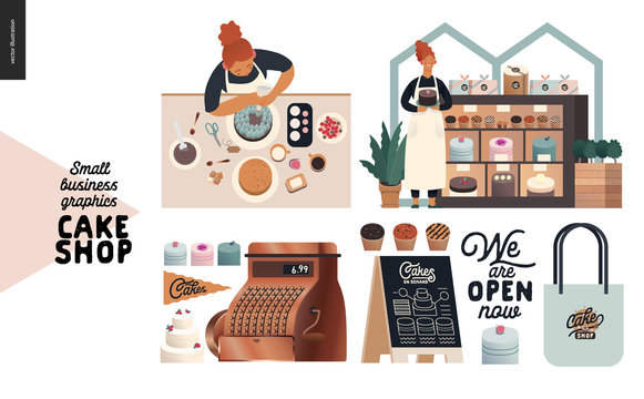 Cake shop, cakes on demand - small business graphics - set -modern flat vector concept illustrations - a cake maker decorating a cake, shop owner in front of showcase, cash register, pavement sign