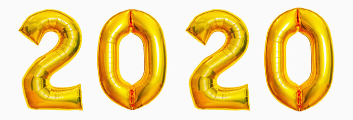 Inflatable golden numbers 2020. Helium balloons. New Year's holiday mood. Isolated over white background. Panorama.