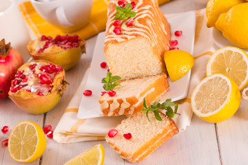 Lemon sponge cake with pomegranate.