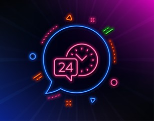 24 hour time service line icon. Neon laser lights. Call support sign. Feedback chat symbol. Glow laser speech bubble. Neon lights chat bubble. Banner badge with 24h service icon. Vector