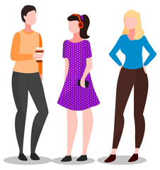 Ladies in casual clothes standing together. Big discount sale for shopaholics females. Purchaser or seller characters speaking, girl holding cup of coffee. Marketing element, woman buyer vector