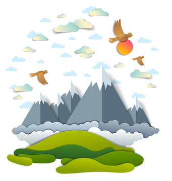 High mountain peaks range scenic landscape of summer with clouds birds and sun in the sky, paper cut style childish illustration, holidays, travel and tourism theme.