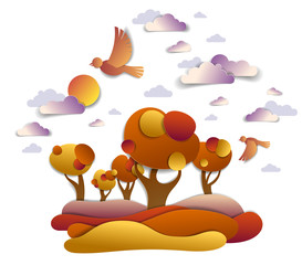 Scenic autumn landscape of meadows and trees, cloudy sky with birds and sun, fall fields and grasslands vector illustration in paper cut kids style. Autumn in countryside, travel and tourism.