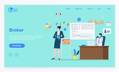 Broker character, man and woman marketing technology, board with graph report. Financial deal, sold board, exchange or insurance online vector. App slider with links template, landing page flat style