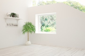 Stylish empty room in white color with summer landscape in window. Scandinavian interior design. Hight resolution image. 3D illustration
